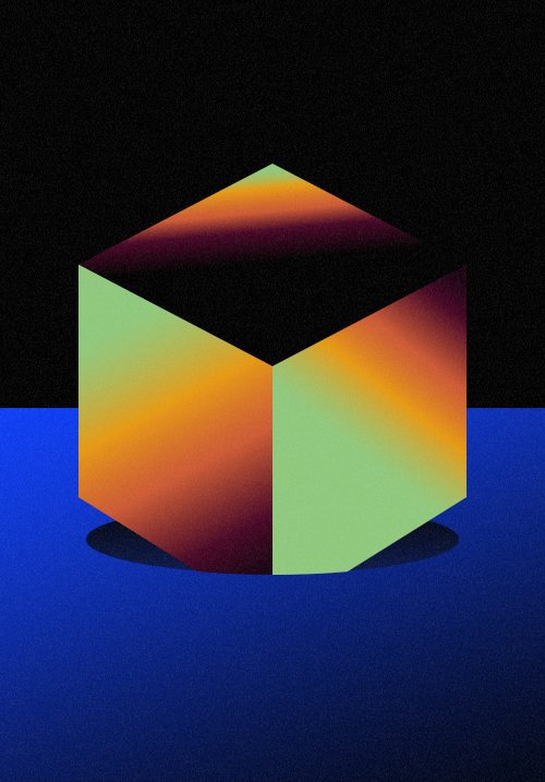 Gradient cube in orange, green and maroon resting on a blue plane under a black sky
