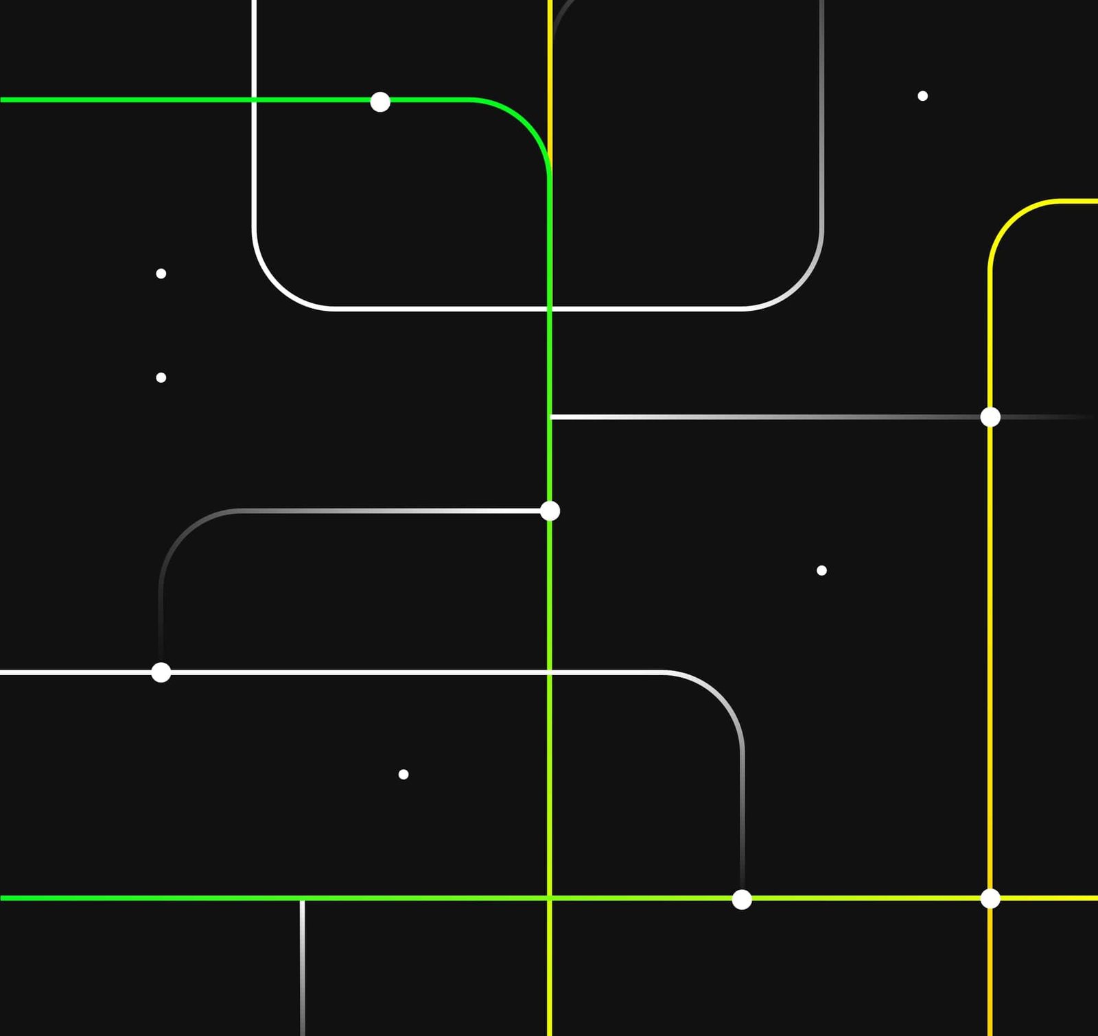 Green, yellow and white circuit-like lines with rounded corners and white nodes on near-black