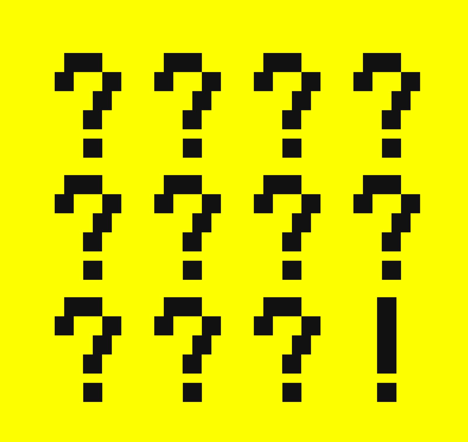 Grid of eleven black pixel question marks and one exclamation mark on bright yellow