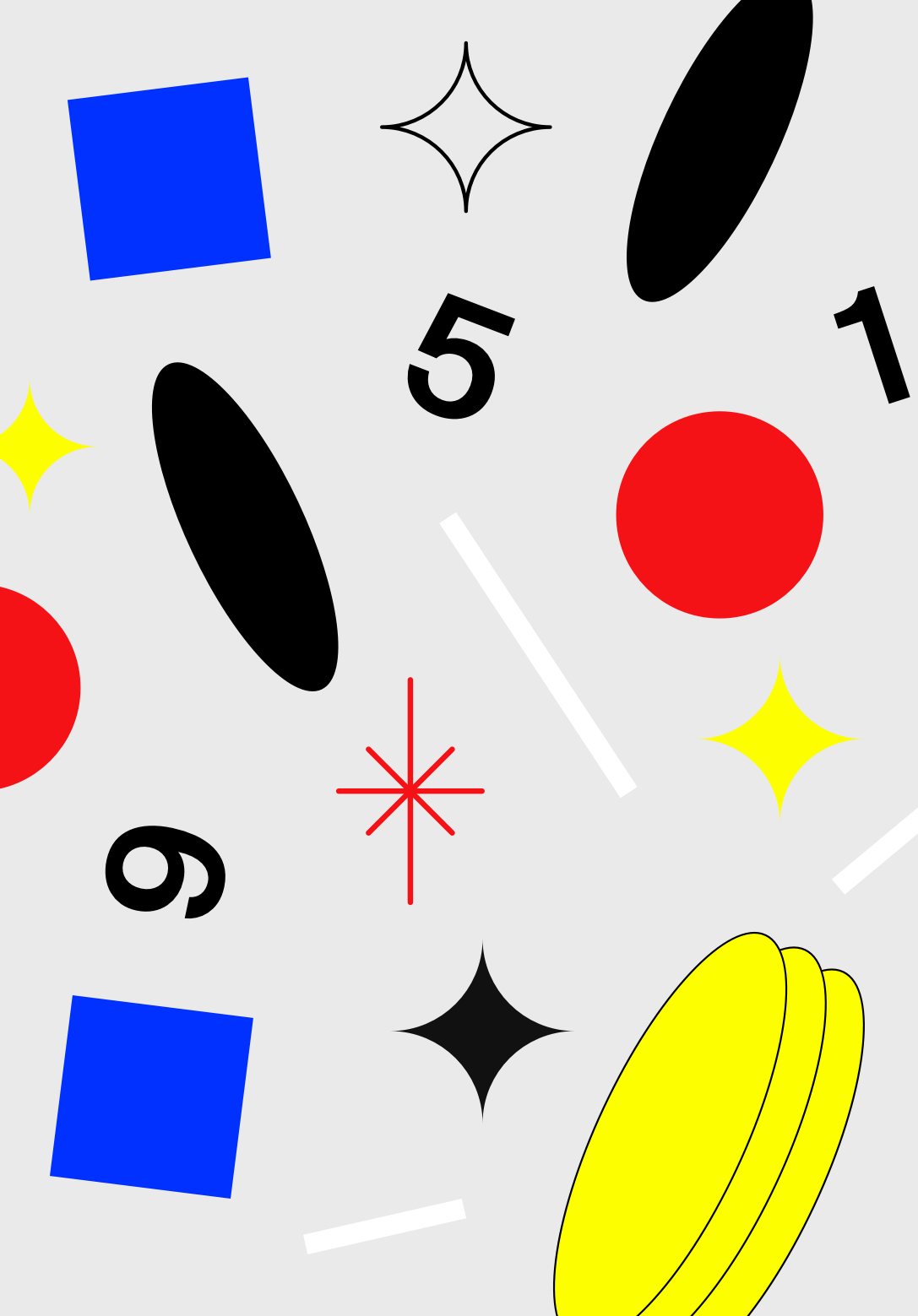 Scattered flat shapes, the numbers 1, 5 and 6, stars, red circles and blue squares on gray