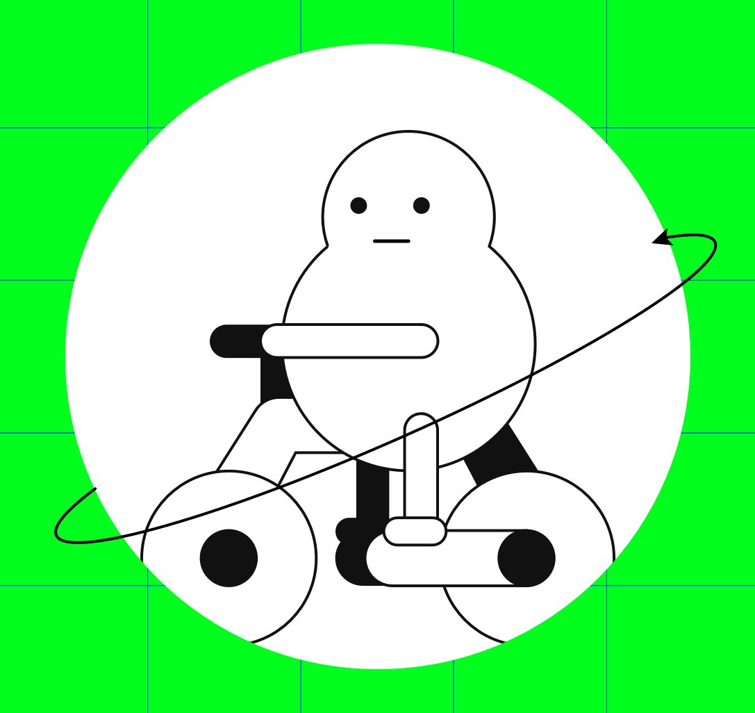 Simple cartoon figure riding a tricycle in a white circle, ringed by an orbit arrow, on green