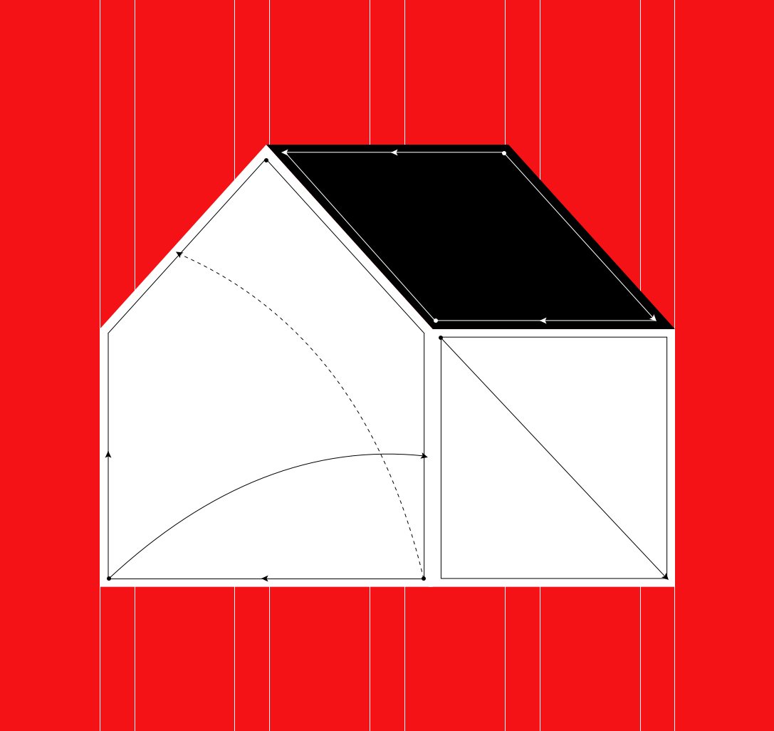 Flat house diagram with a black roof, arrows and dotted arcs over white walls on red