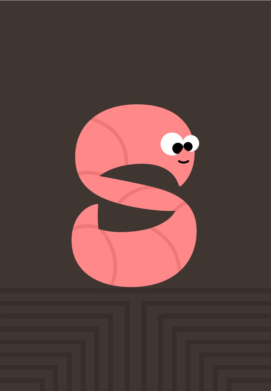 Pink worm with googly eyes curled into the letter S on a dark brown background