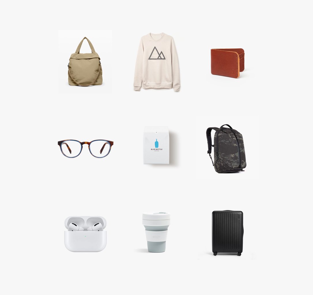 Grid of nine products, including a tote, sweatshirt, glasses, coffee, earbuds and a suitcase