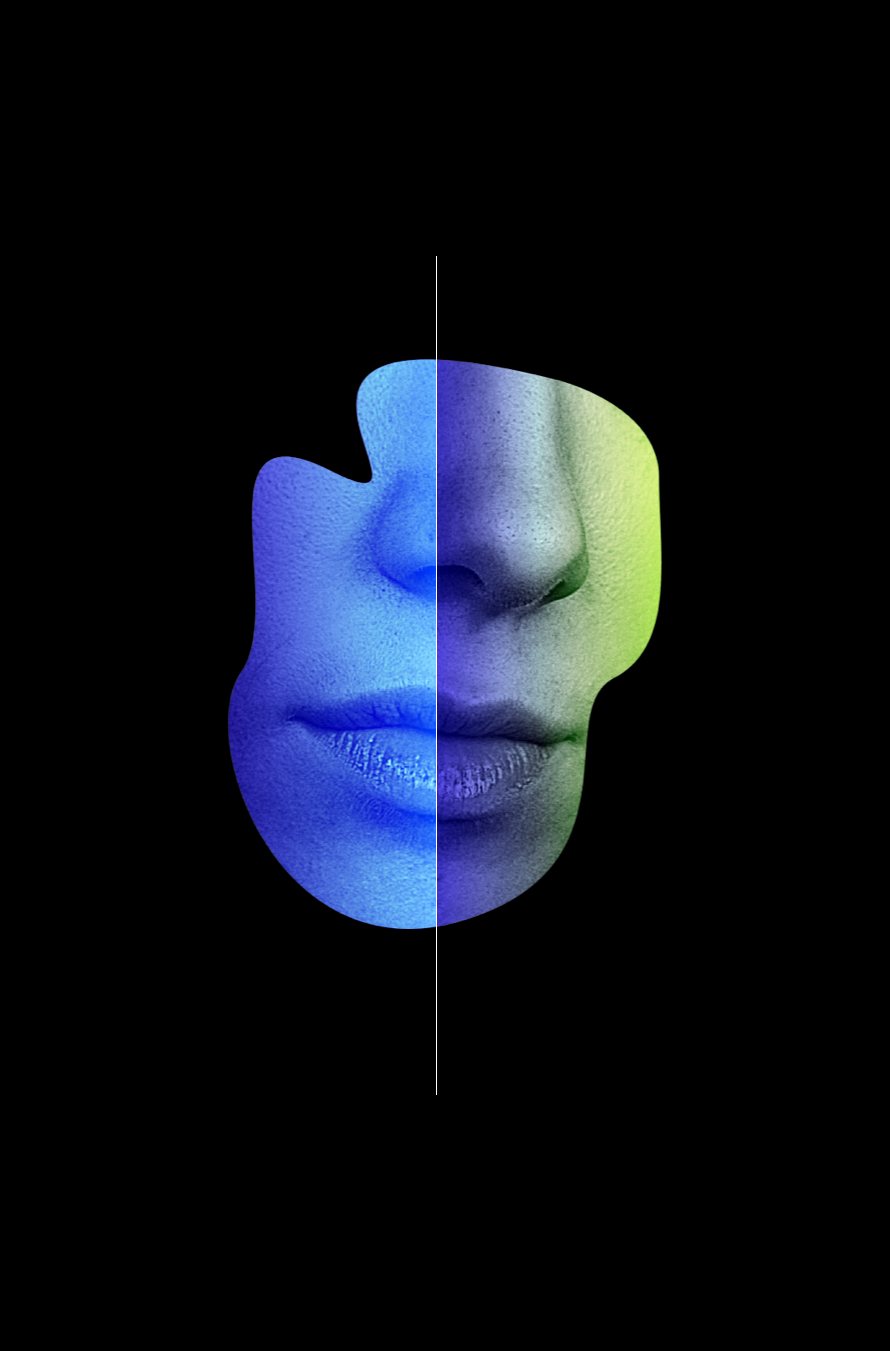 Fragment of a face, nose and lips, tinted blue to green and split by a thin vertical line, on black