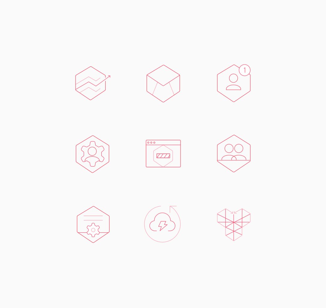 Grid of nine thin pink line icons, mostly hexagons with gears, people, charts and a cloud