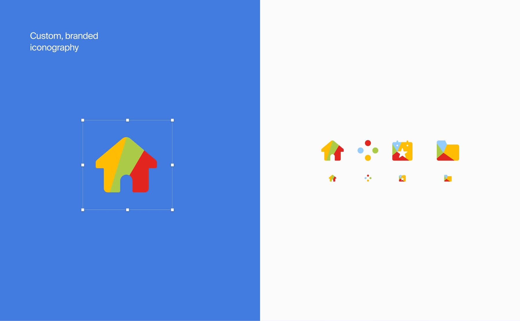 ACE custom iconography: a multicolor house icon in edit handles, beside the icon set shown at two sizes