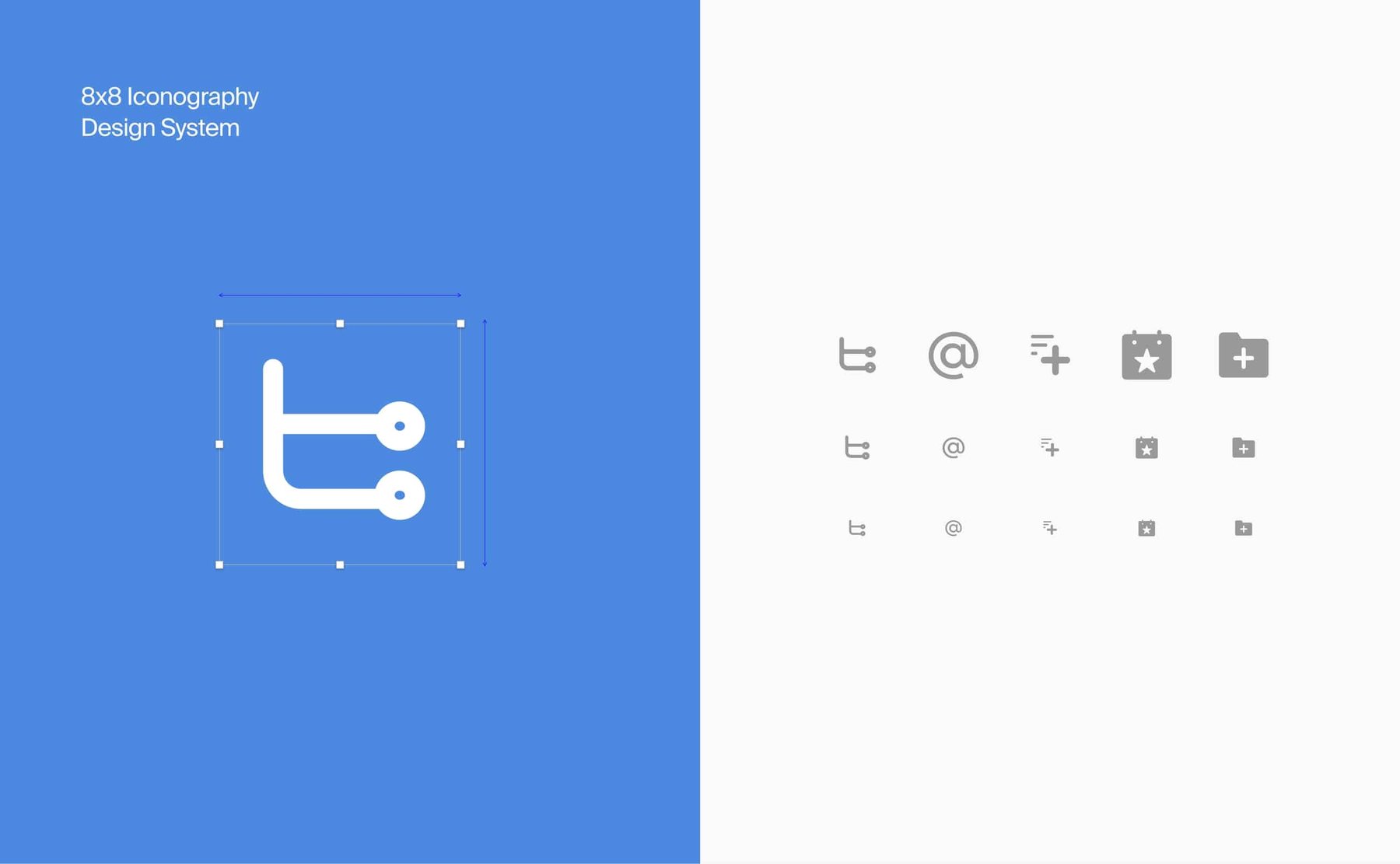 Noodle’s 8x8 iconography design system: a white icon on blue beside gray icons shown at three sizes