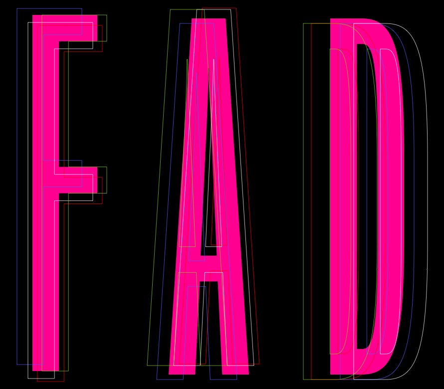 The word FAD in tall hot-pink letters with offset thin colored outlines on black
