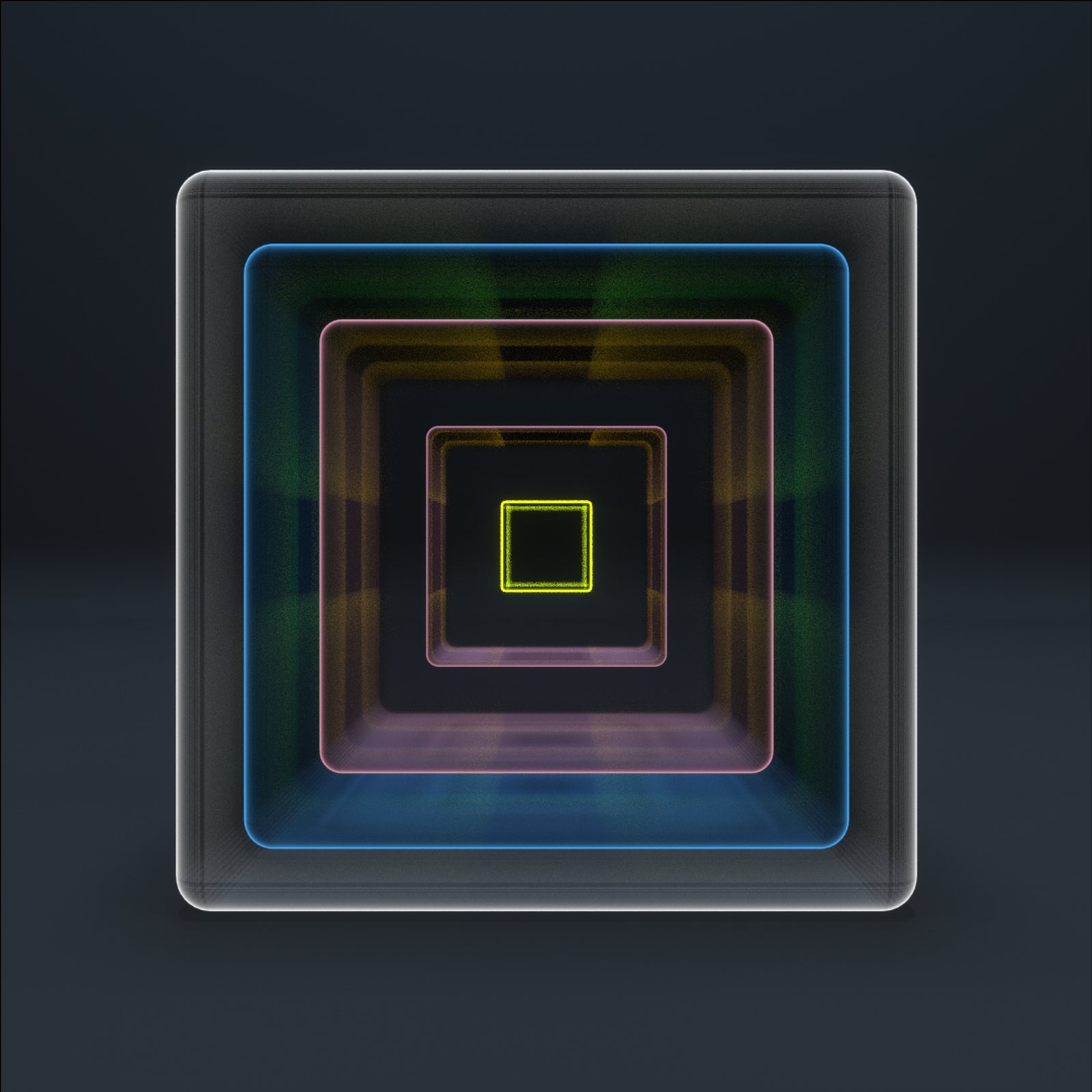 Nested rounded squares outlined in blue, pink and yellow, receding like a tunnel on dark gray