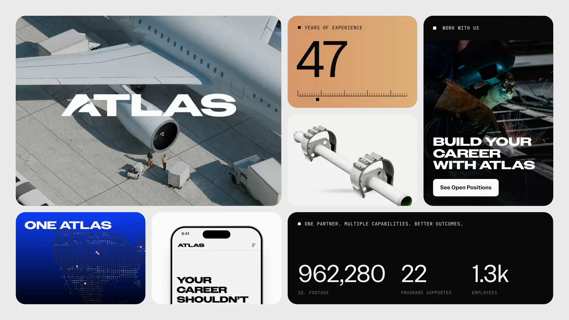 Atlas brand system: logotype, type, app mark, location map, location cards, palette, UI and the stats marquee