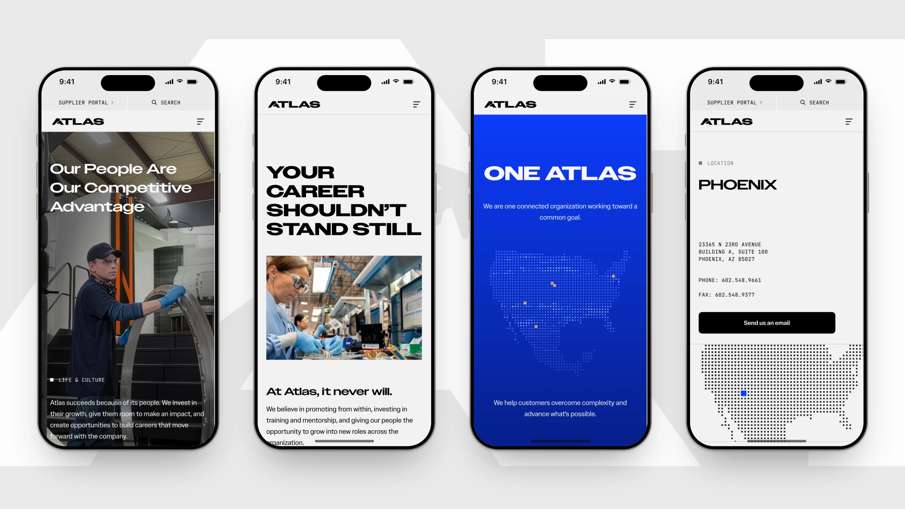 Four Atlas mobile screens: Life & Culture, Careers, One Atlas and Phoenix