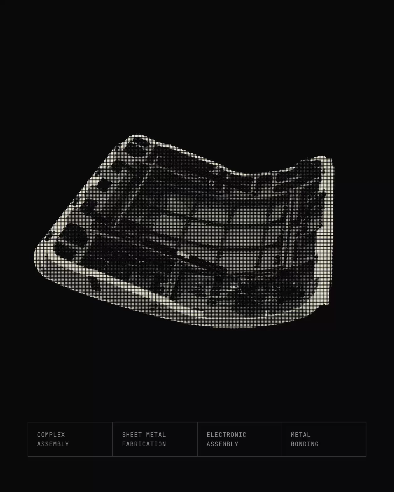 A cargo door part scanned between its render and the brand's dot-matrix treatment
