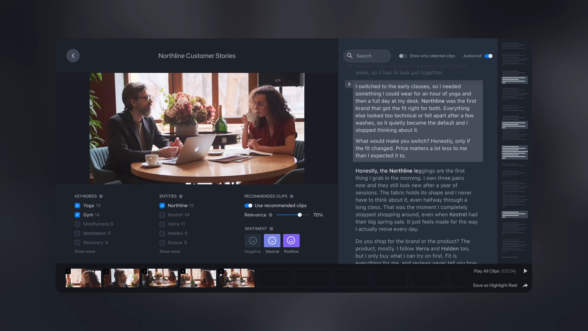 FocusVision Video Insights: the transcript reads along, a passage is selected, added to the reel, trimmed by text and saved.