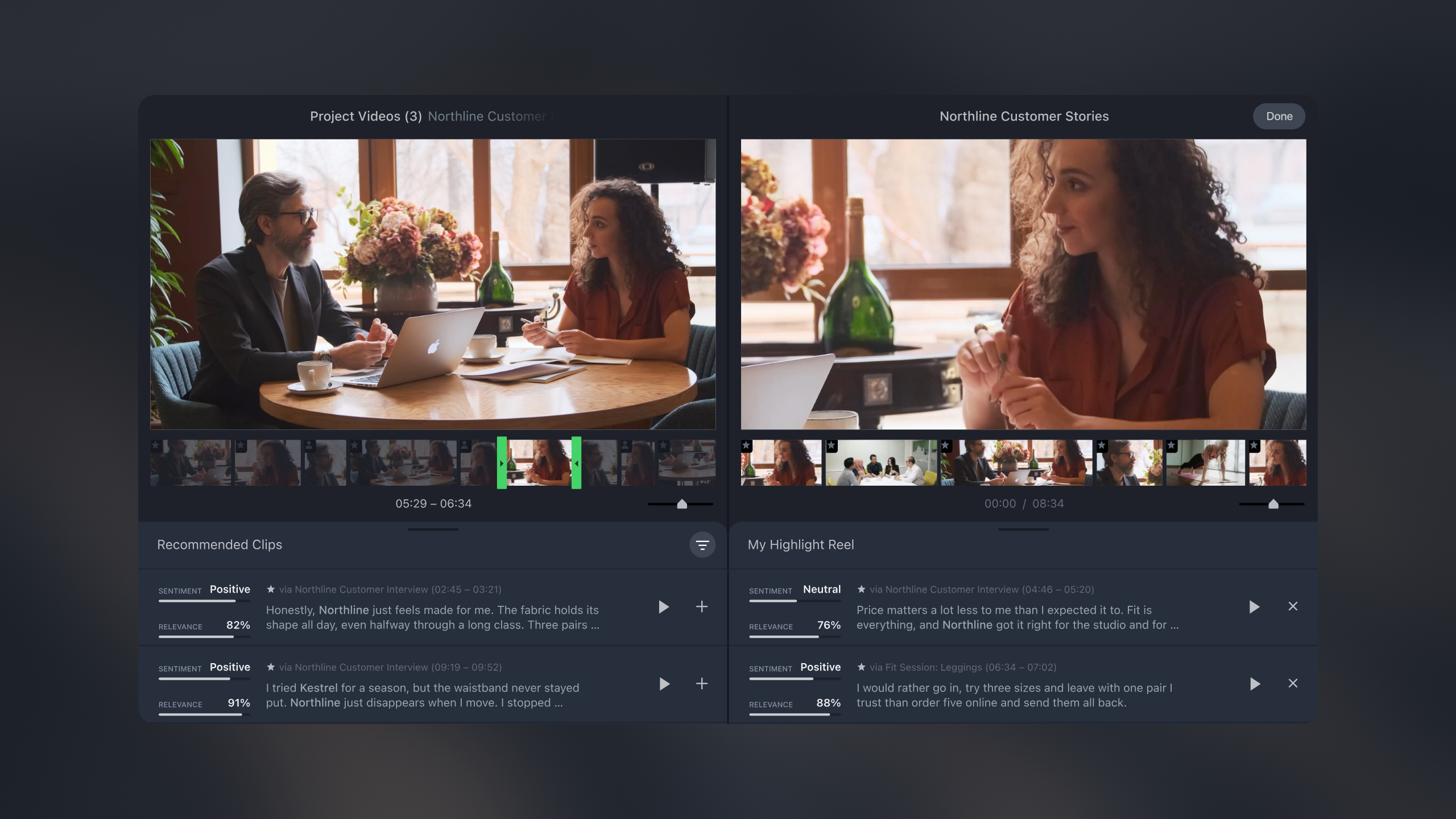 A project's videos side by side with recommended clips and the highlight reel, over a blurred, darkened photo.