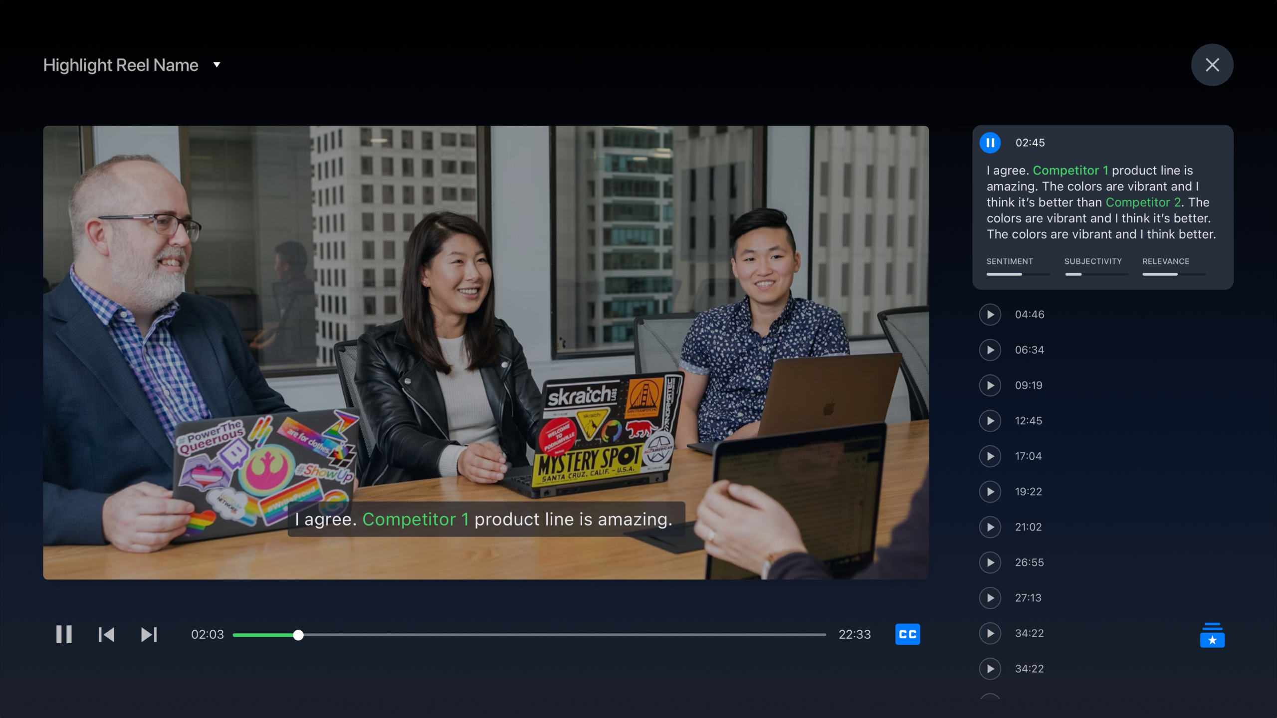 The highlight reel player full bleed, a focus group with captions and Key Moments, on the product's black-to-navy ground.