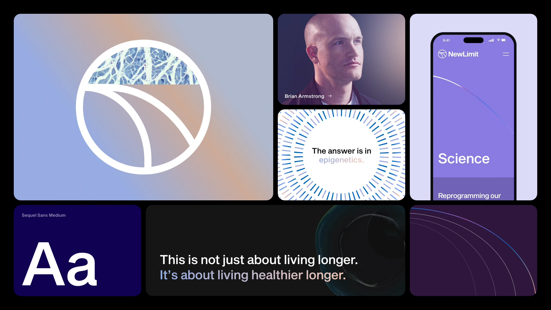 NewLimit brand system: the mark as a window on the science, the team portrait filter, the Science page loading on a phone, the gene-expression rings, Sequel Sans, the closing line beside a cell, and the arches