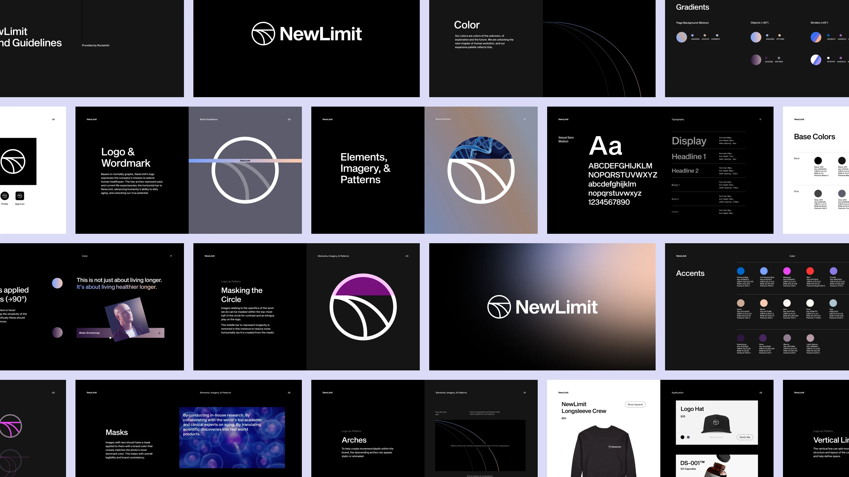 The NewLimit brand guidelines at a glance: eighteen slides from logo and wordmark to colour, gradients, patterns and application