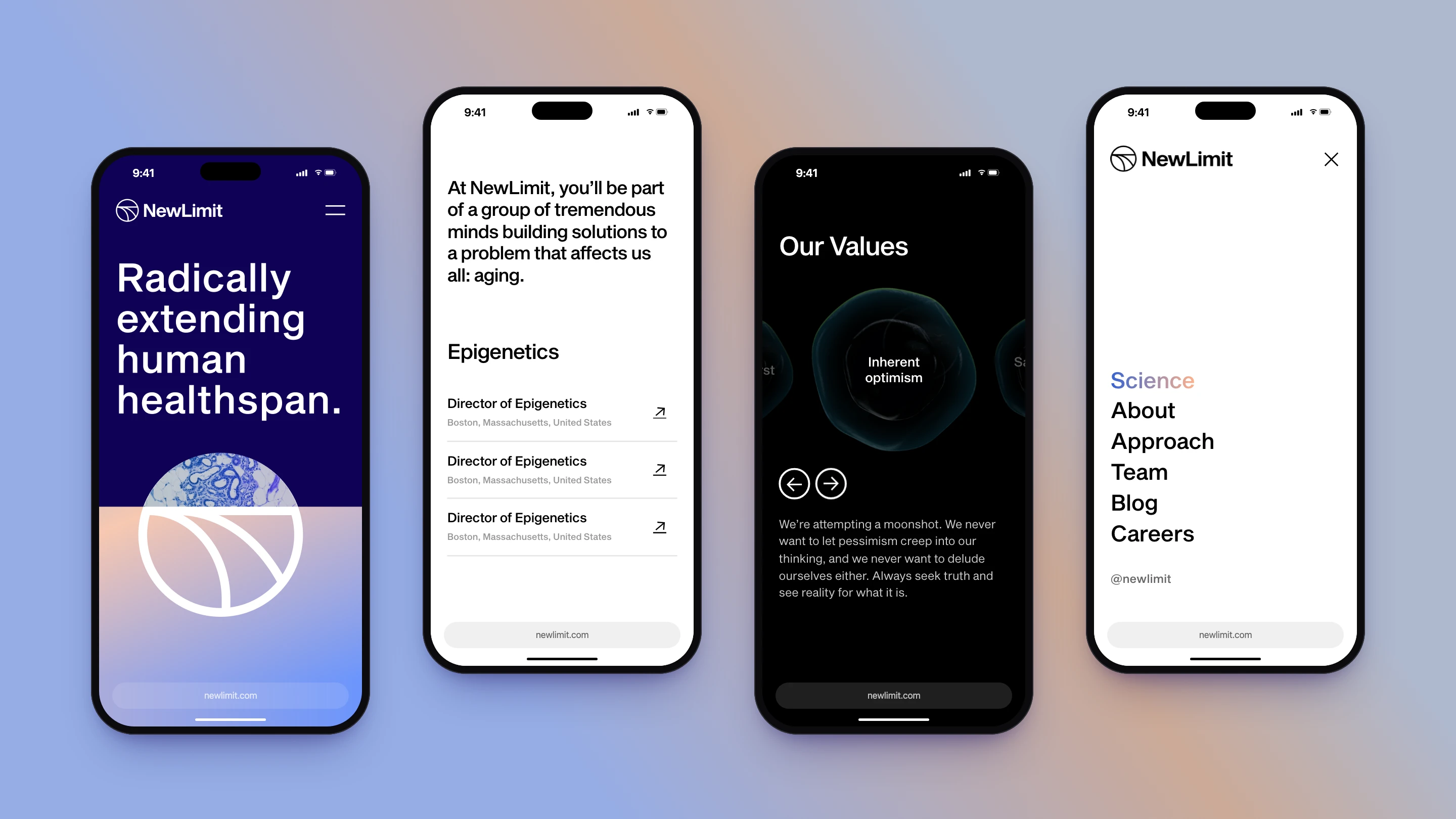 Four NewLimit screens on phones: the home hero, open roles, Our Values on its cell, and the menu