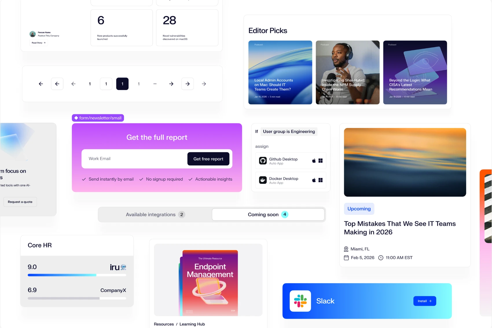 Iru components: stats, pagination, editor picks, the get-the-report form, assignment rules, an event card, integration tabs, a G2 score card, a learning hub card and the Slack install card