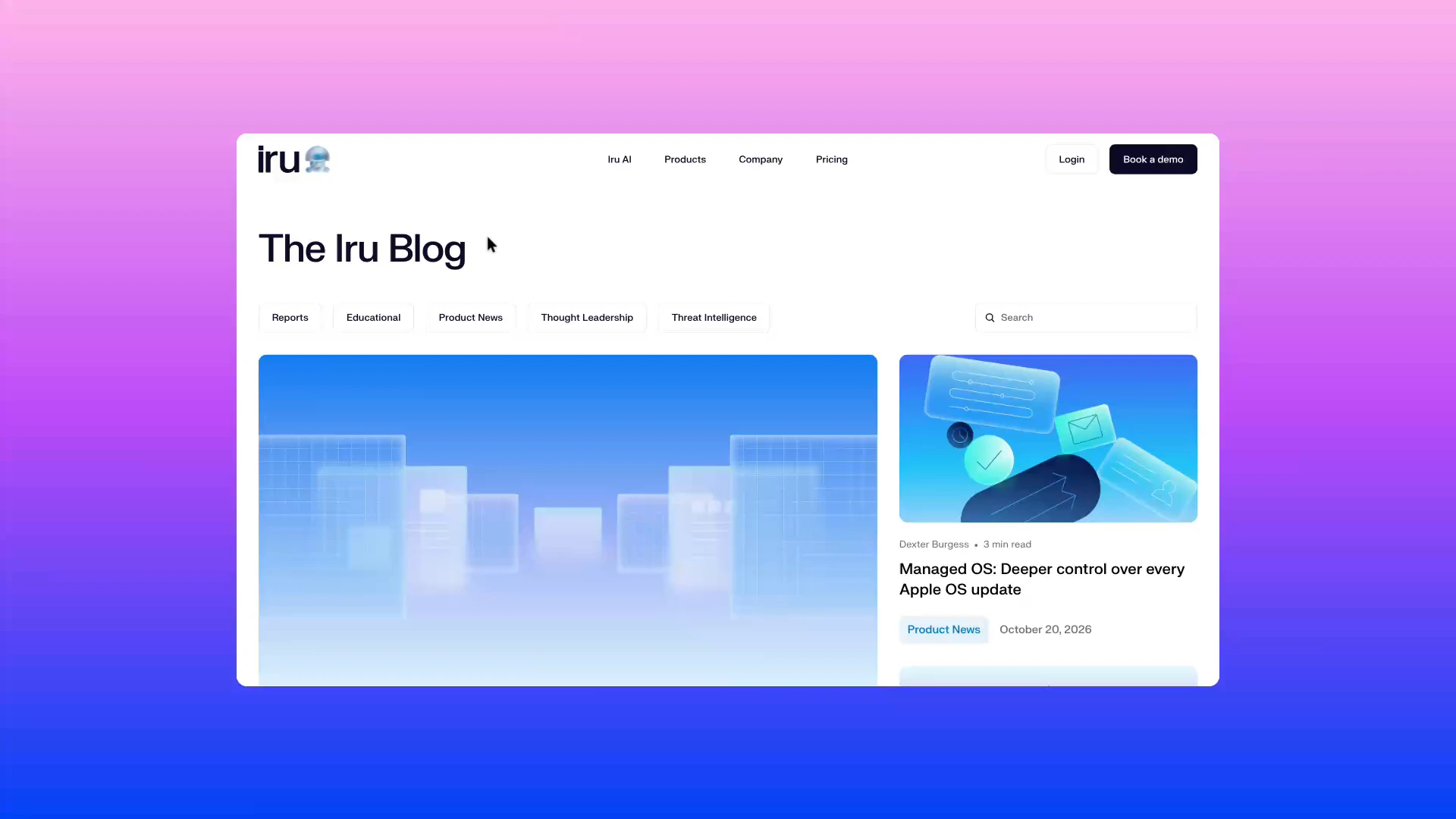 The Iru blog: the index of live posts and illustrations, an article opens, Summarize writes its Iru AI summary, the contents rail and call to action stay in view