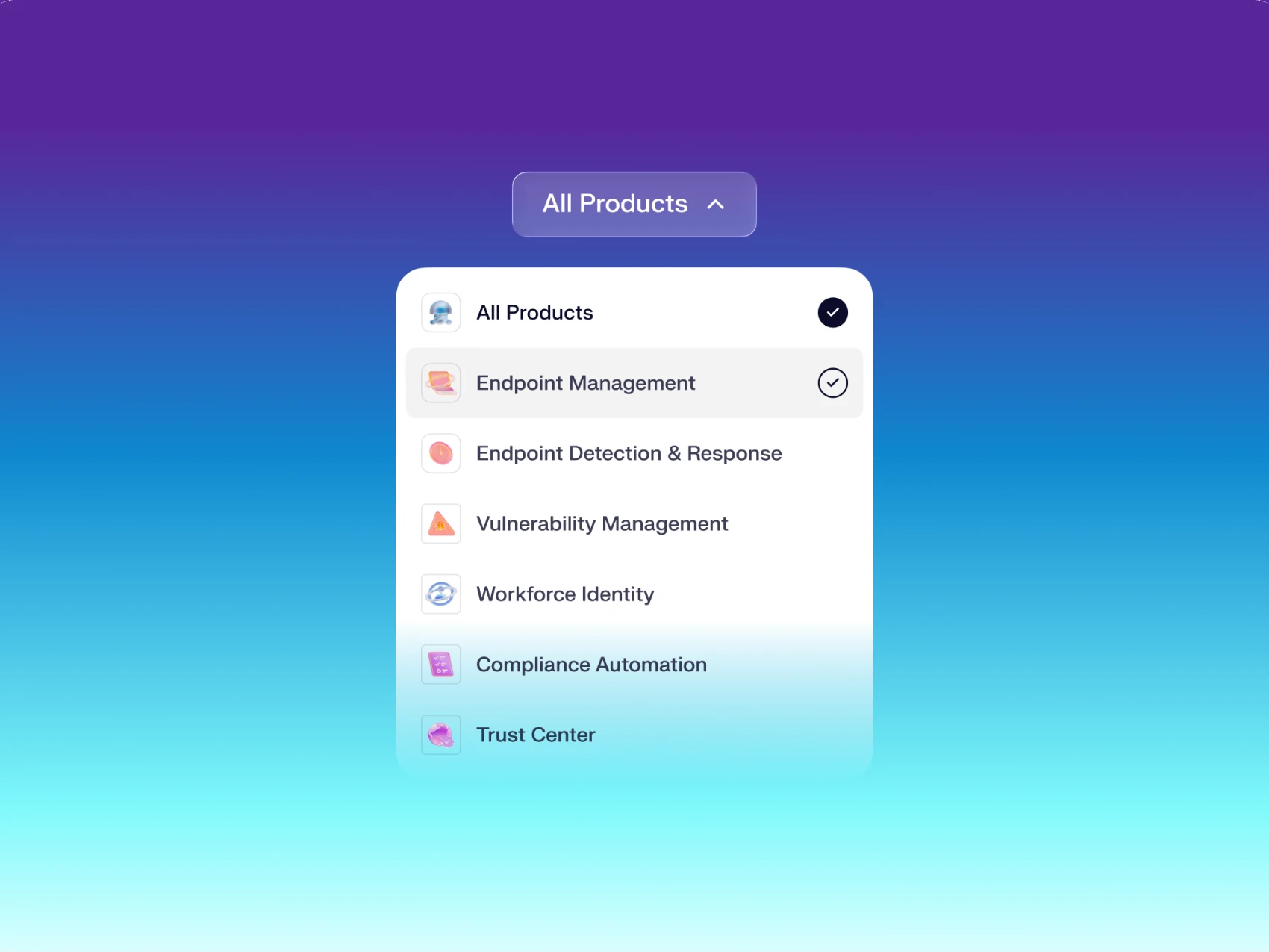 The All Products menu open on Iru's purple to cyan gradient: Endpoint Management, Detection & Response, Vulnerability Management, Workforce Identity, Compliance Automation, Trust Center
