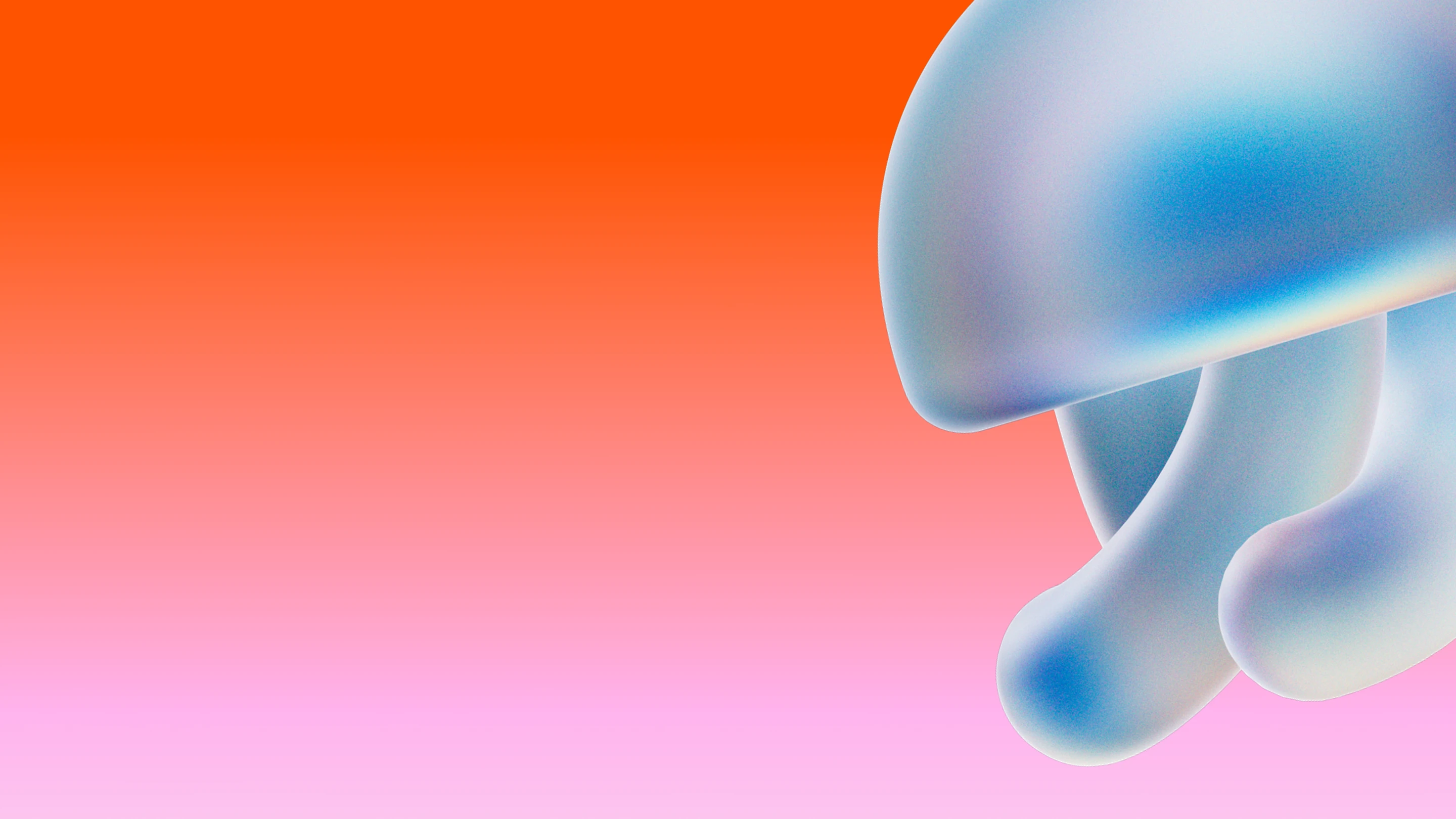 The Iru jellyfish logomark in 3D, frosted blue and white, rising off the edge of an orange to pink gradient