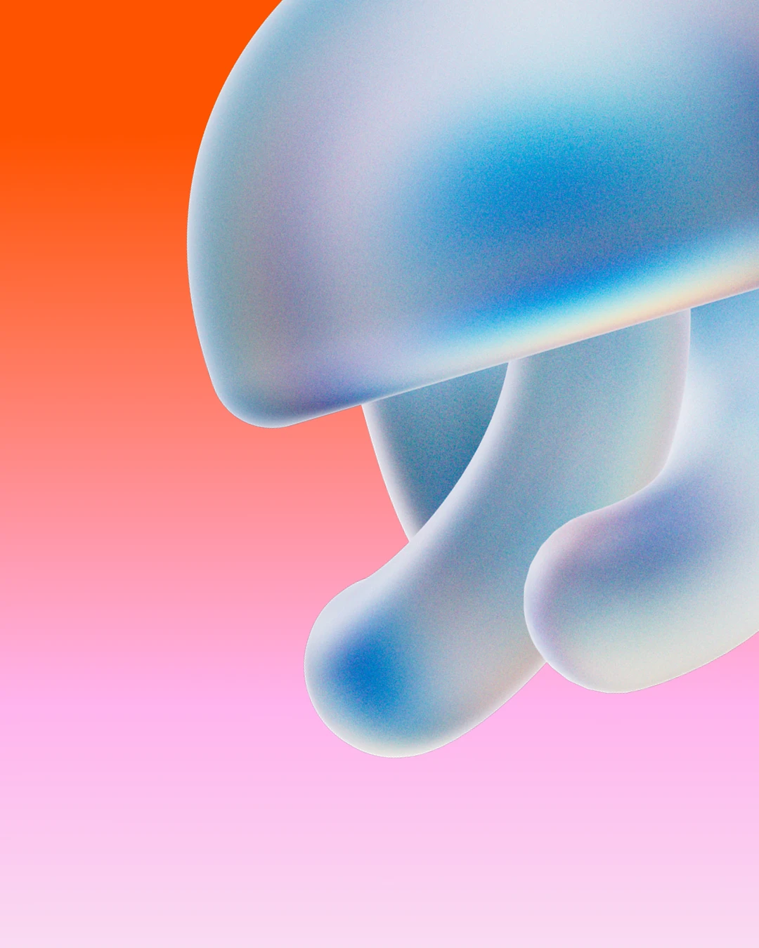The Iru jellyfish logomark in 3D, frosted blue and white, on an orange to pink gradient