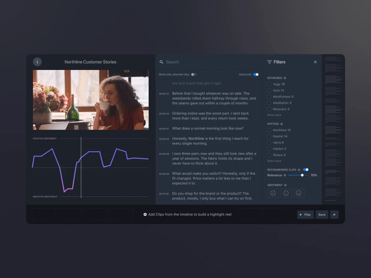 The FocusVision workshop on graphite: a sentiment filter, an entity filter, two suggested clips added to the reel, then the reel plays.
