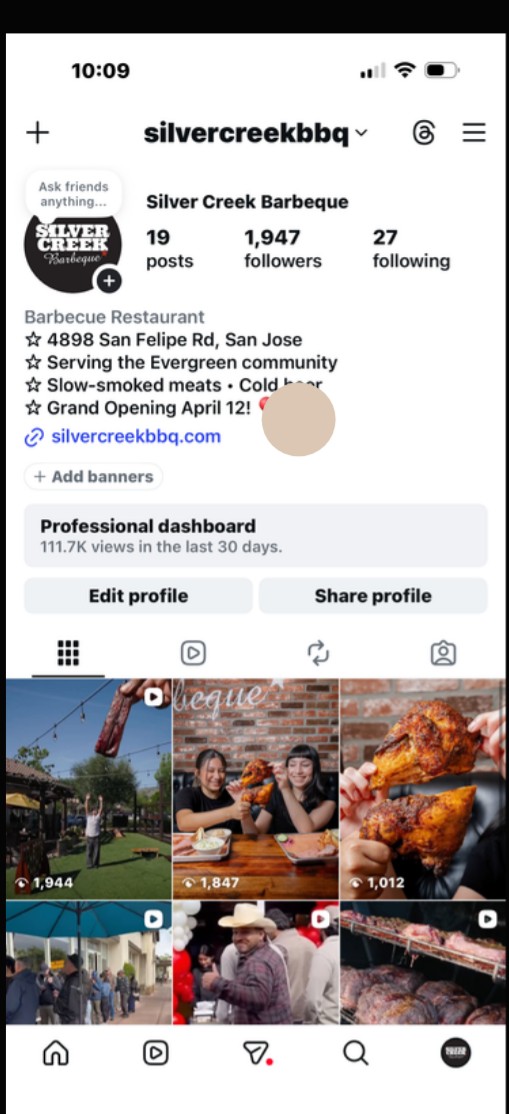 Instagram profile for a new restaurant opening