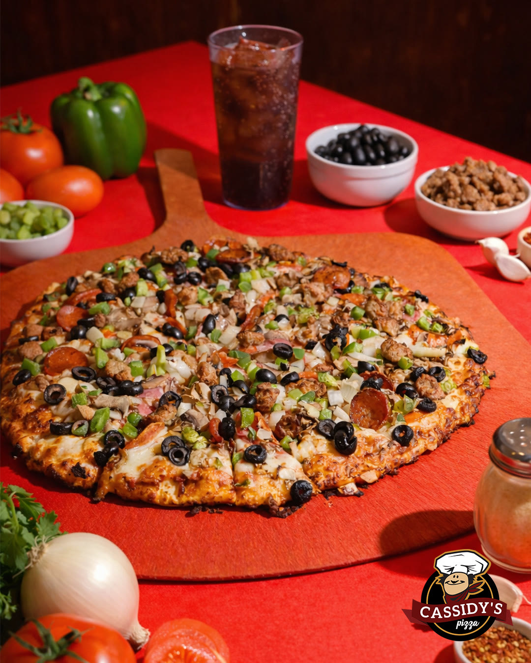 Supreme pizza styled with fresh ingredients
