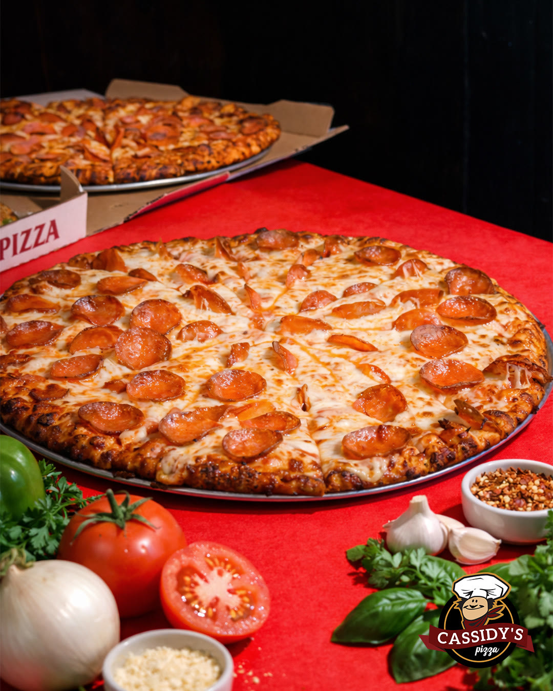 Pepperoni pizza styled with fresh ingredients