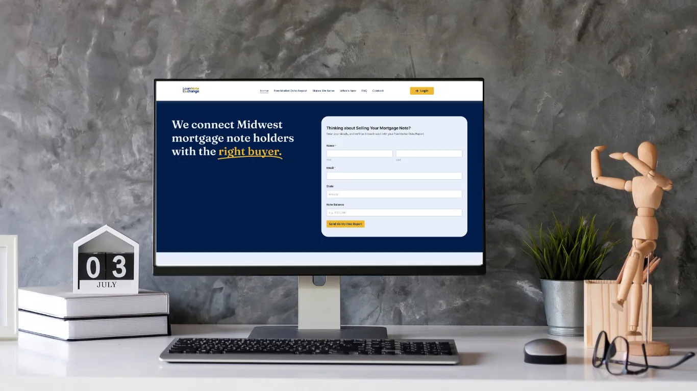 Loan Note Exchange homepage on a desktop monitor, with a headline for Midwest mortgage note holders beside a short inquiry form