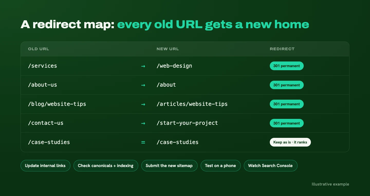 Redirect map table pairing old URLs with new ones using 301 permanent redirects, with one ranking URL kept as is, plus a row of pre-launch checks