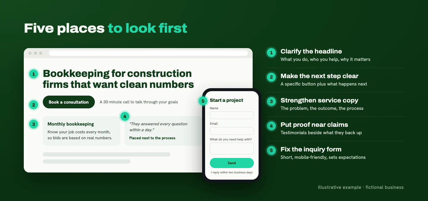 Annotated homepage mockup showing five places to improve: the headline, a specific call to action with a supporting line, service copy, a testimonial placed near the process, and a short mobile inquiry form