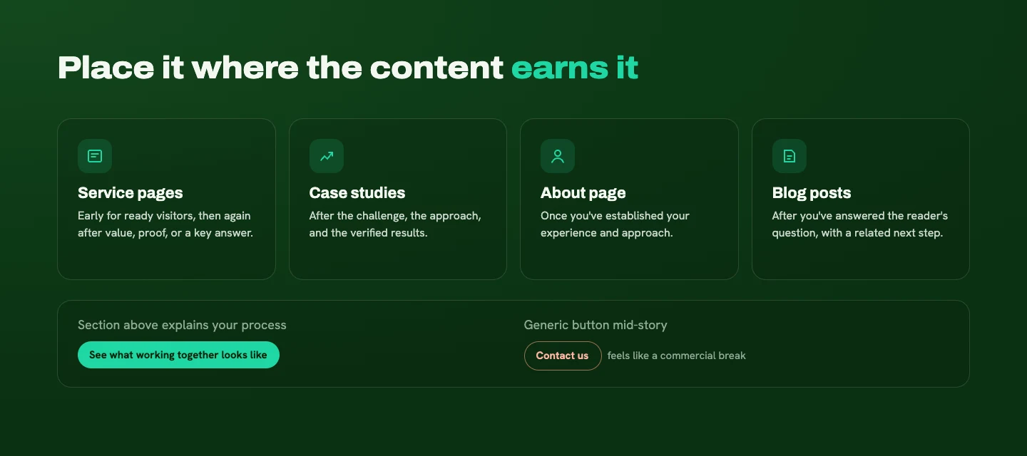 Where calls to action fit on service pages, case studies, the about page, and blog posts, with a connected button label compared to a generic one