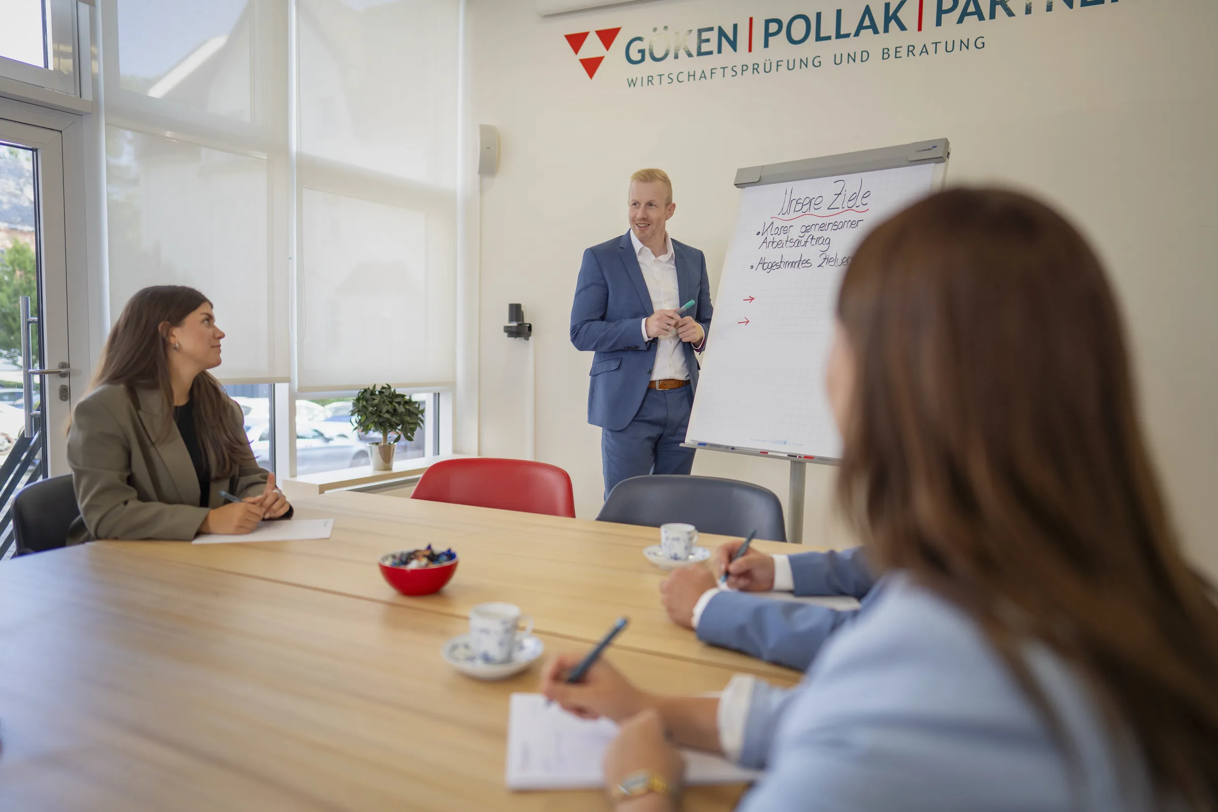Präsentation am Flipchart in einer Besprechungsrunde