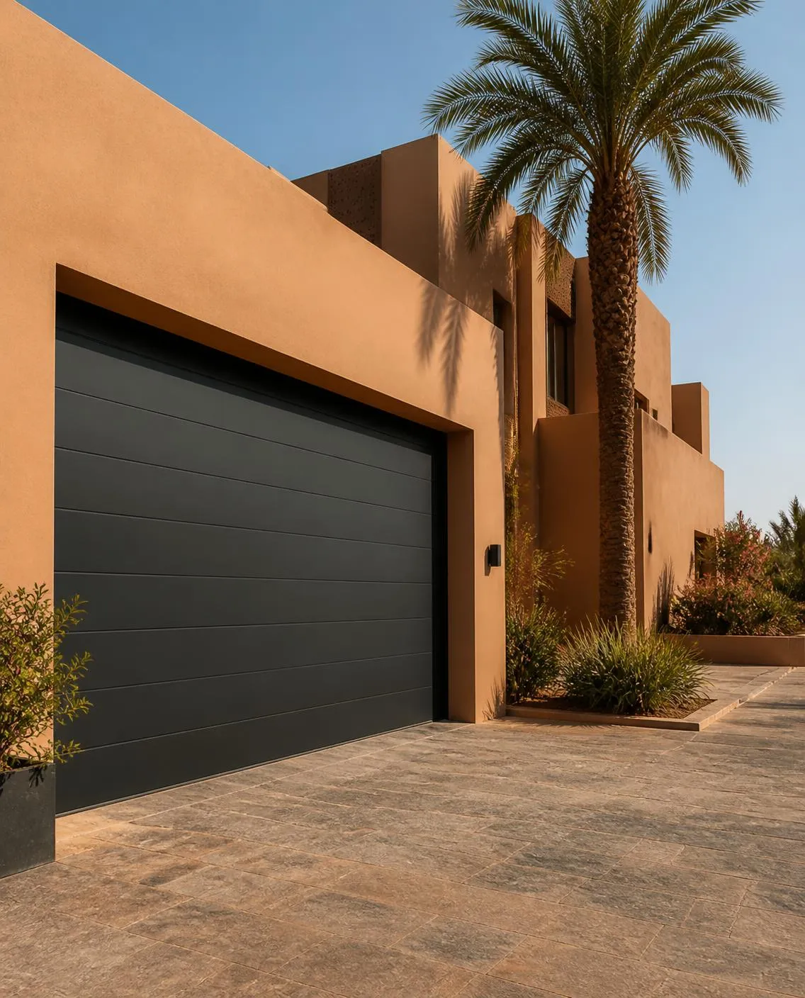 Porte de garage sectionnelle anthracite sur villa ocre — illustration