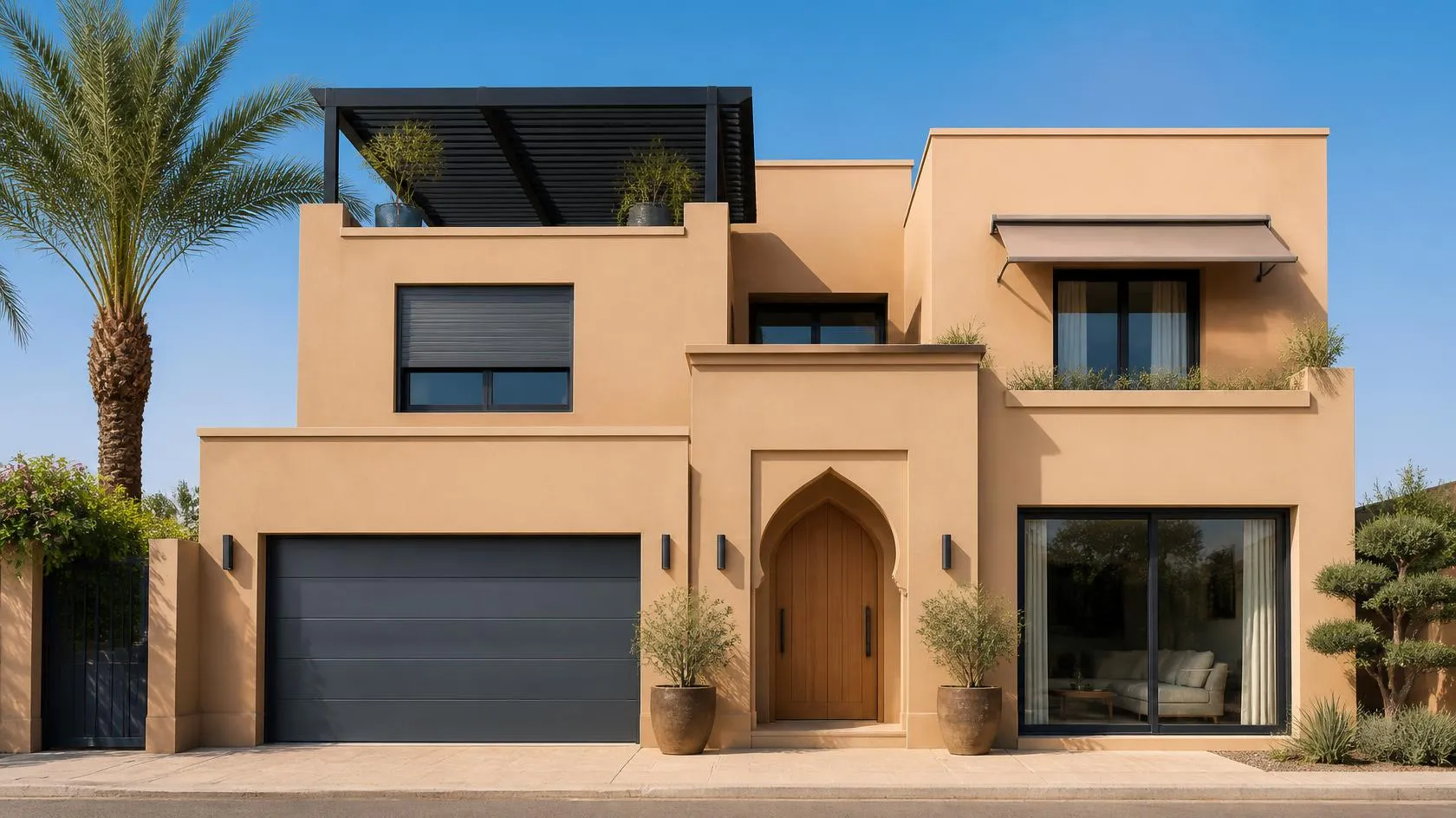 Villa contemporaine à Marrakech équipée de pergola, stores, menuiseries et porte de garage — illustration