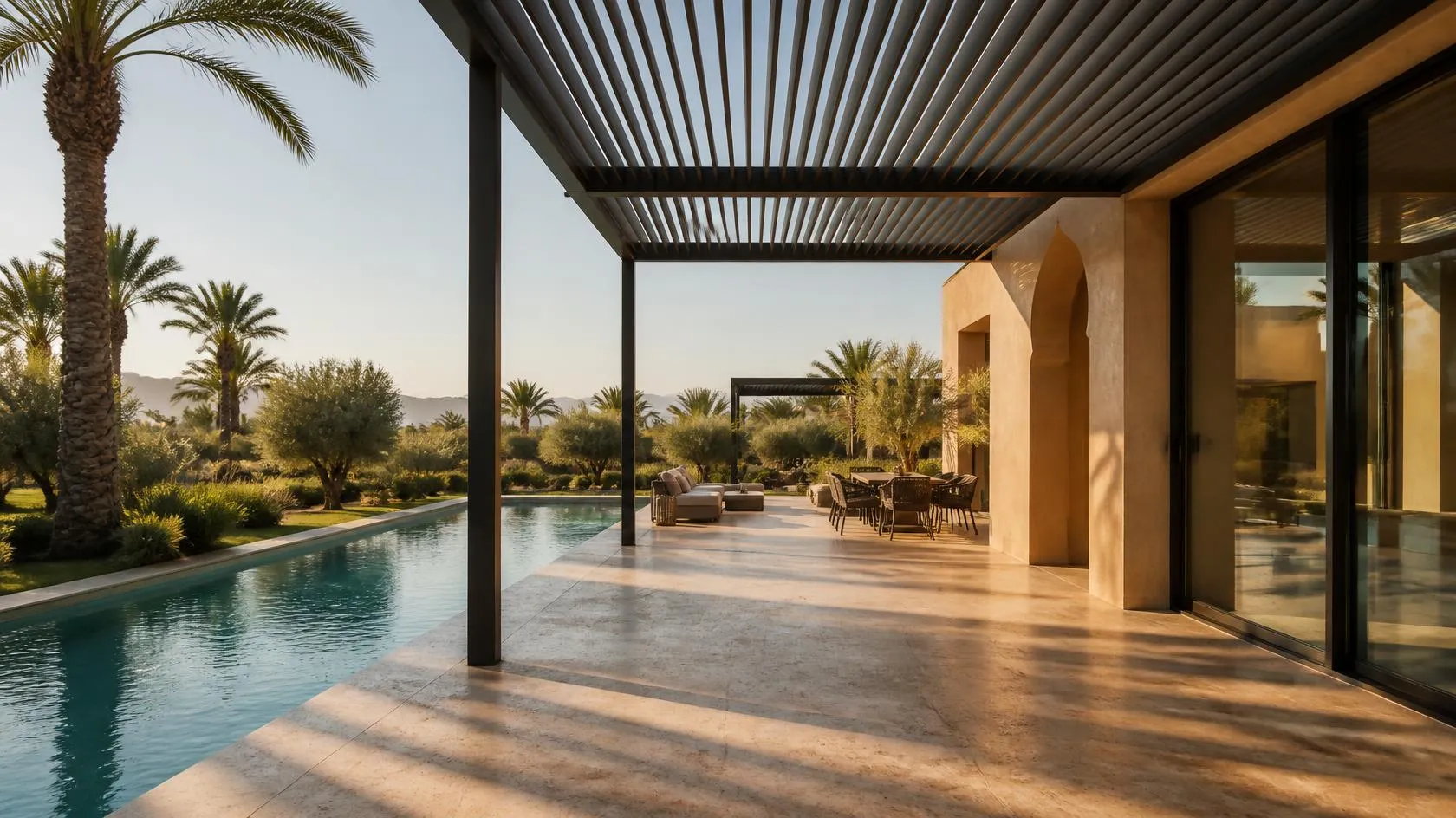 Pergola bioclimatique aluminium le long d'une piscine à Marrakech — illustration
