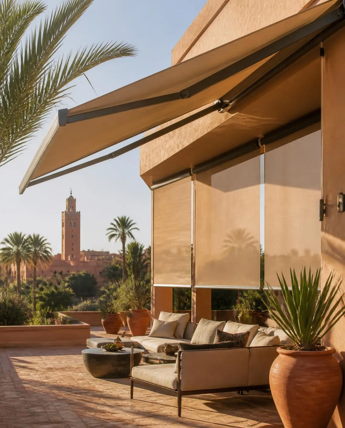 Store banne et stores verticaux sur une terrasse face à la Koutoubia — illustration