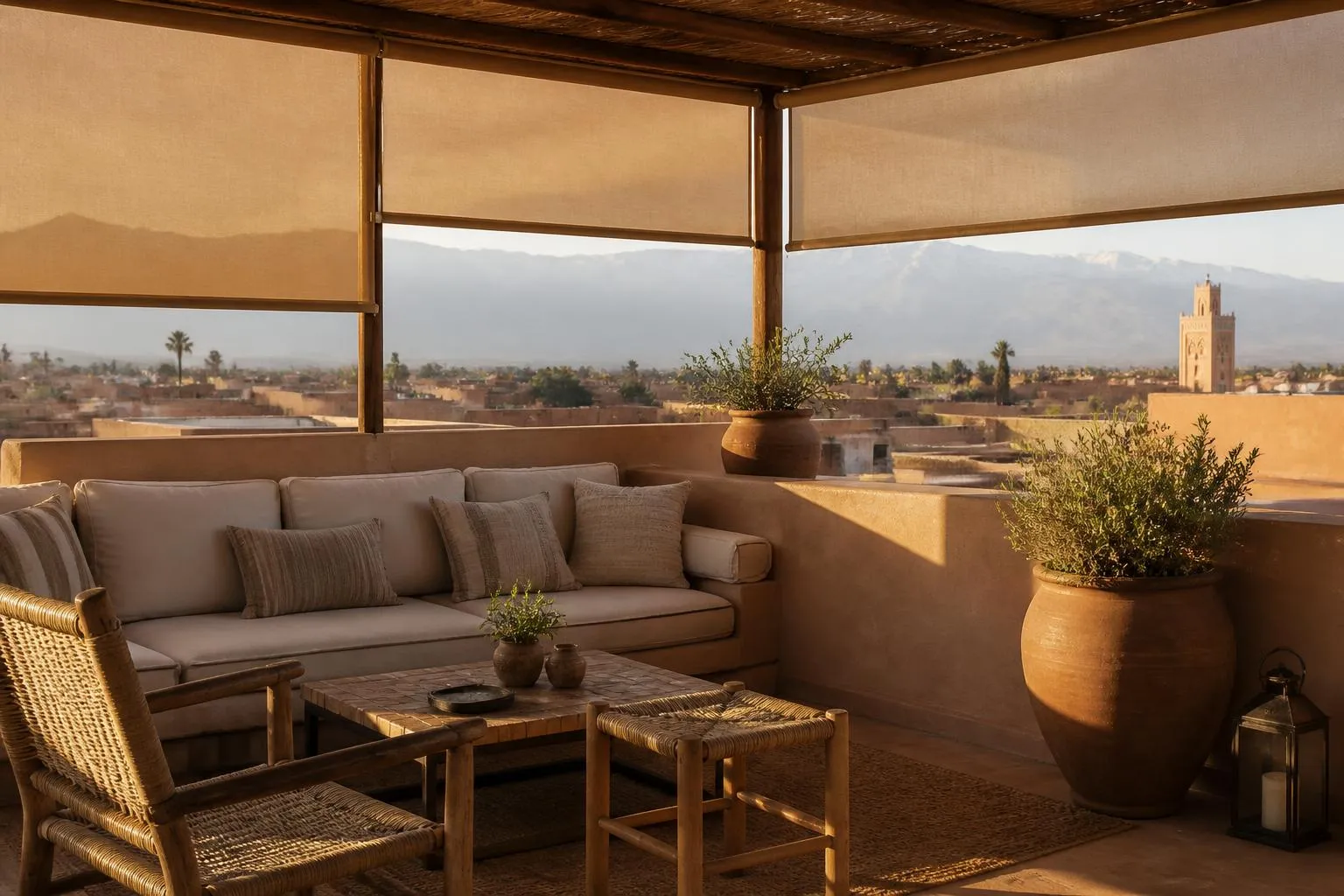 Screens de terrasse sur un rooftop face à la Koutoubia — illustration