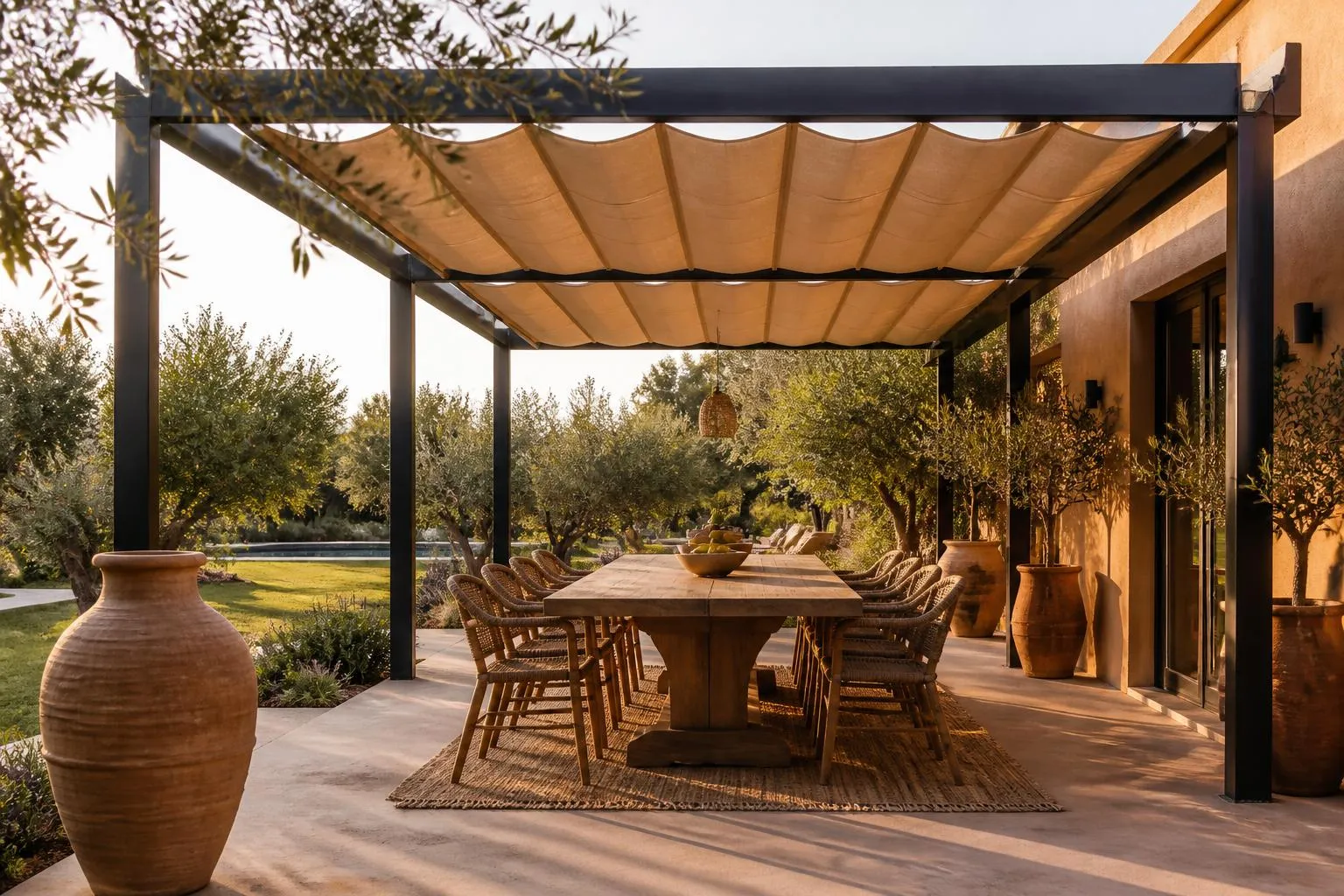 Pergola aluminium à toile rétractable sur terrasse de villa à Marrakech — illustration