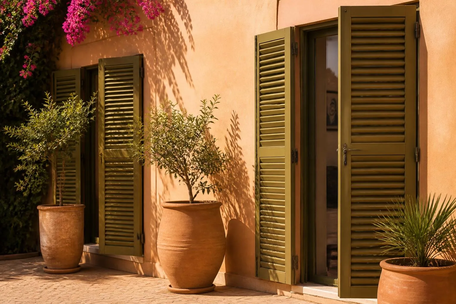 Volets battants persiennés vert olive sur façade ocre — illustration