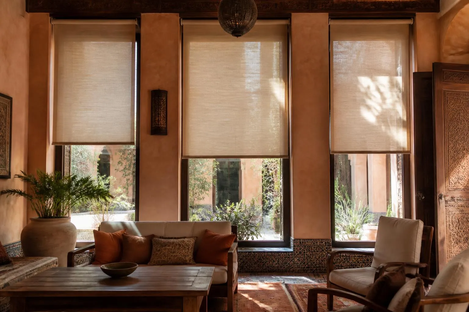 Stores enrouleurs en lin dans un salon de riad — illustration
