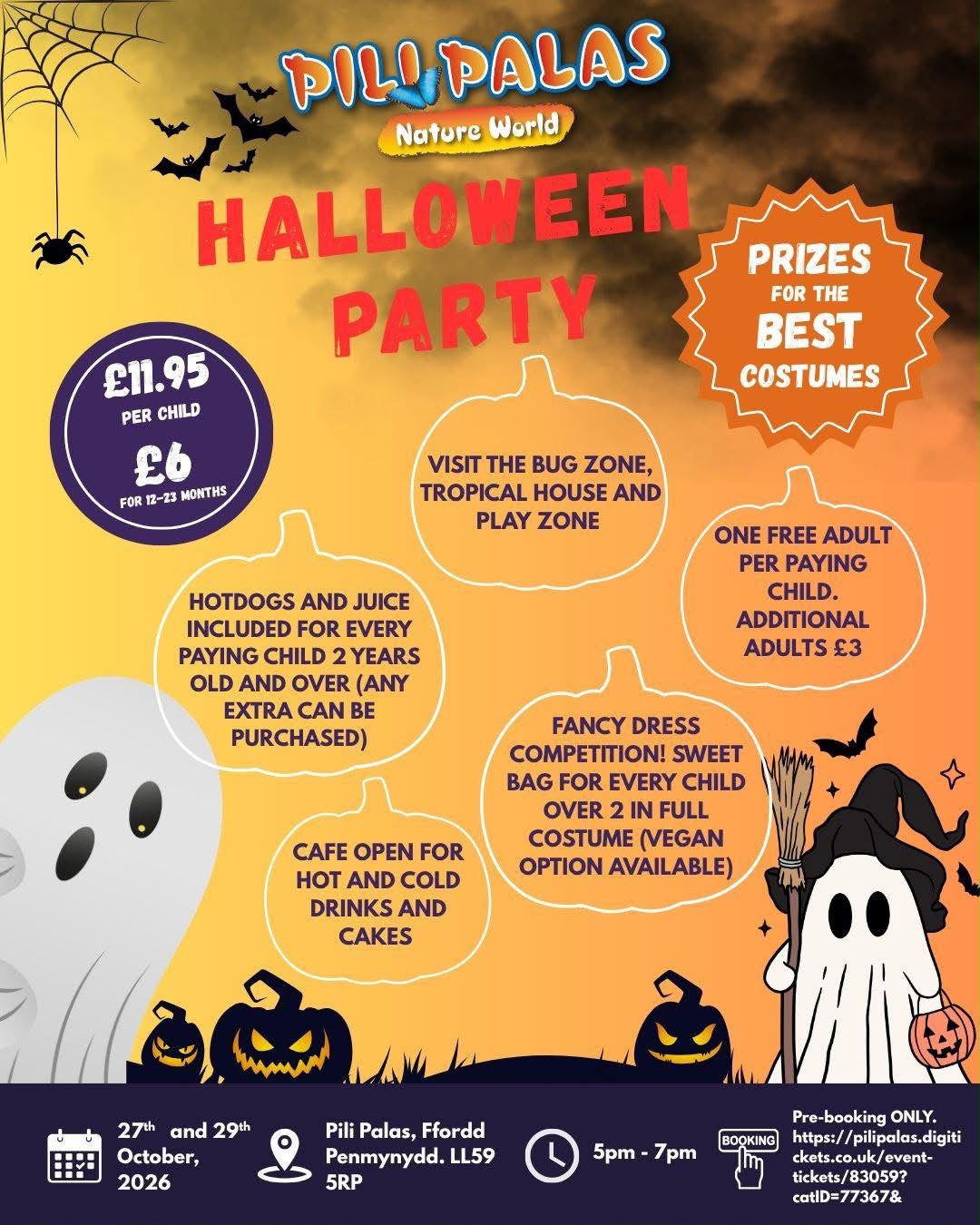 Pili Palas Halloween Party poster: 27 and 29 October, 5pm to 7pm, with prizes for the best costumes