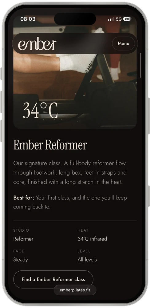 Ember Reformer class page on a phone, showing the 34°C heat and class details