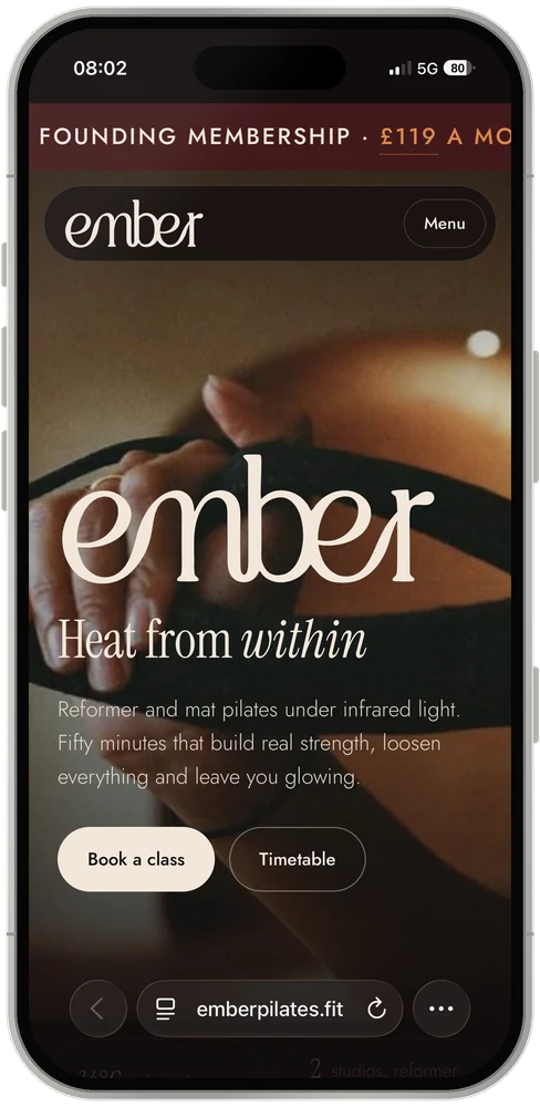 Ember home page on a phone: Heat from within, with Book a class and Timetable buttons