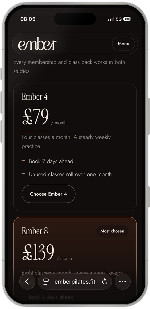 Ember pricing page on a phone, showing Ember 4 and Ember 8 memberships
