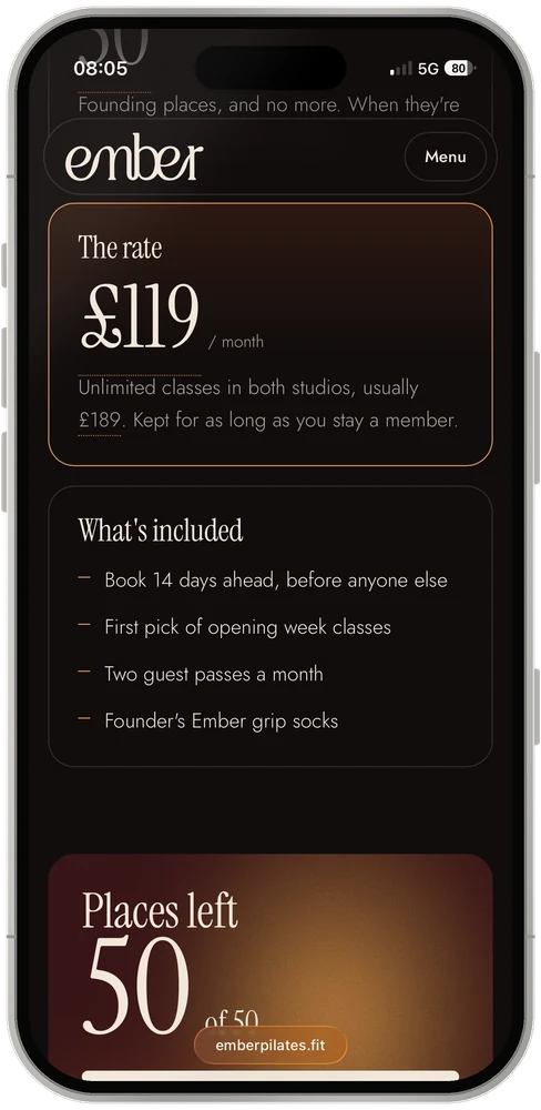 Ember founding membership page on a phone, showing the rate and what is included